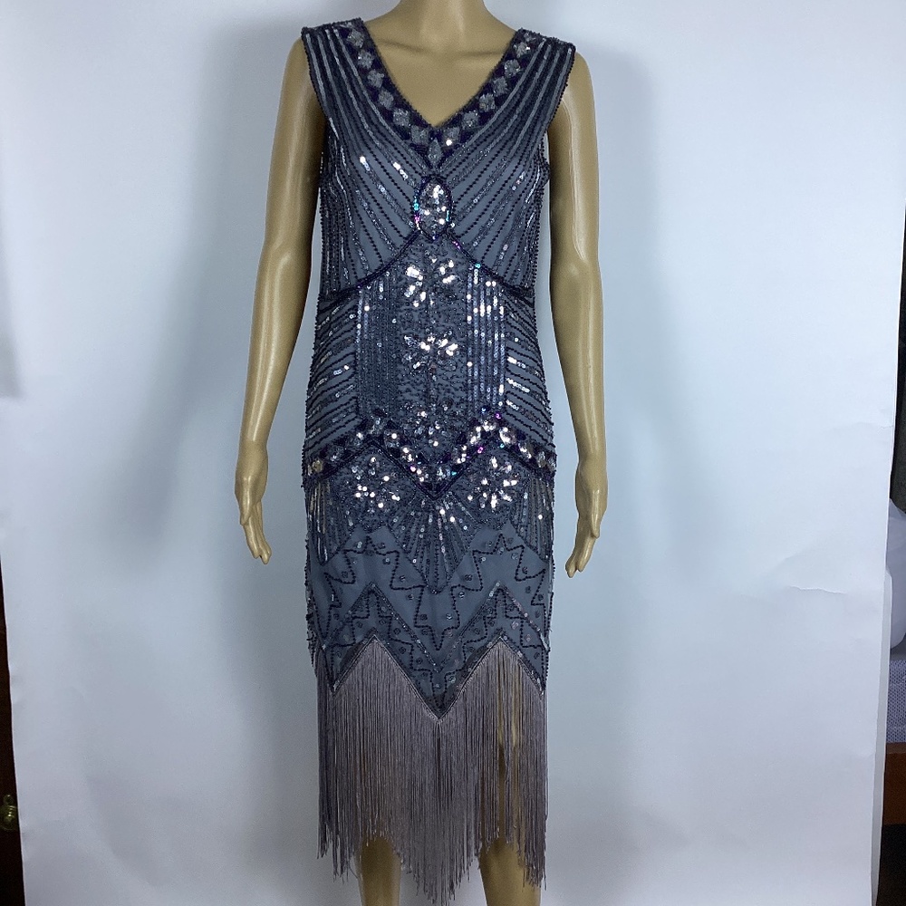 METME Silver Sequined,beaded w/fringed bottom Flapper Dress  S